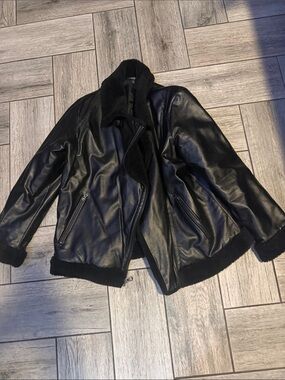 Simply Vera Vera Wang Black Faux Leather Bomber Jacket with Shearling Trim